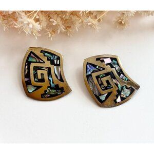 Modernist Sterling Silver Vermeil Taxco Mexican Abalone Vintage Clip On Earrings